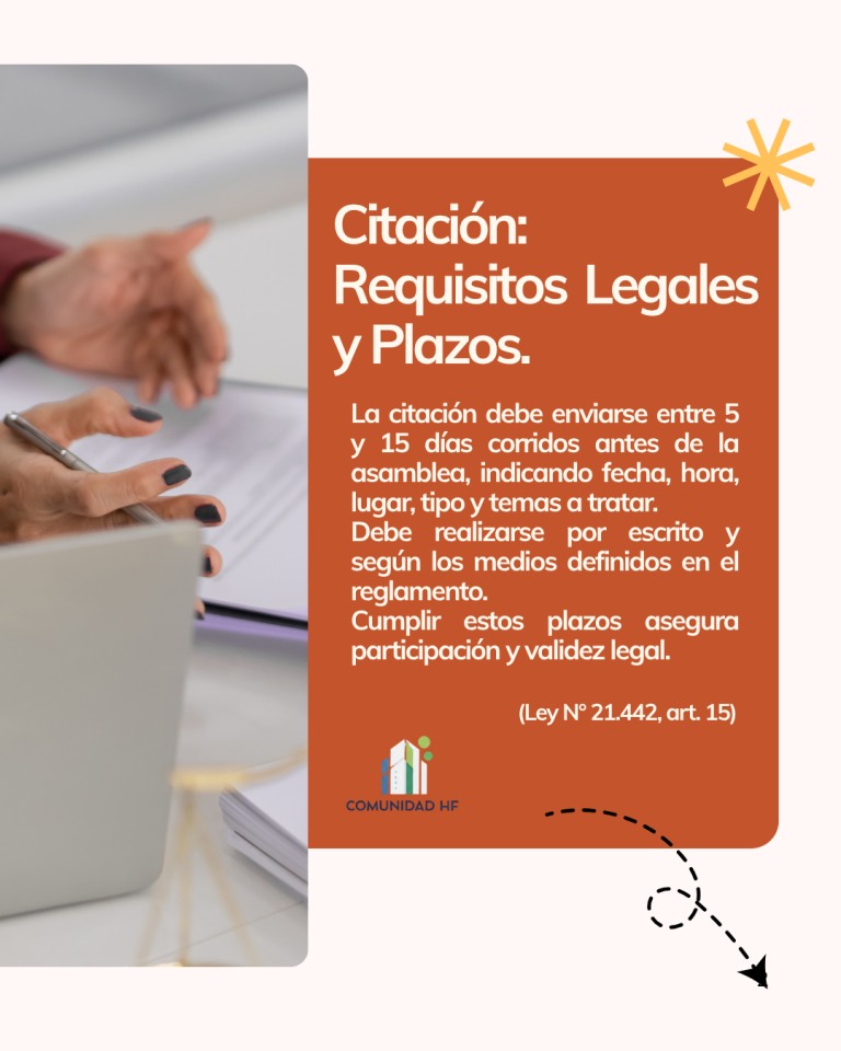 Citación: requisitos y plazos
La citación debe enviarse entre 5 y 15 días corridos antes, indicando fecha, hora, lugar, tipo de asamblea y temas a tratar. Debe ser por escrito y según el reglamento interno.
Fuente: Art. 15