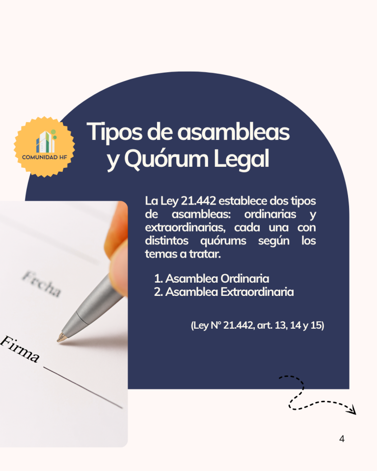 Tipos de asamblea y quórum legal
La ley distingue entre:
- Asamblea Ordinaria
- Asamblea Extraordinaria
Cada una con quórums y votaciones distintas.
Fuente: Art. 13, 14, 15